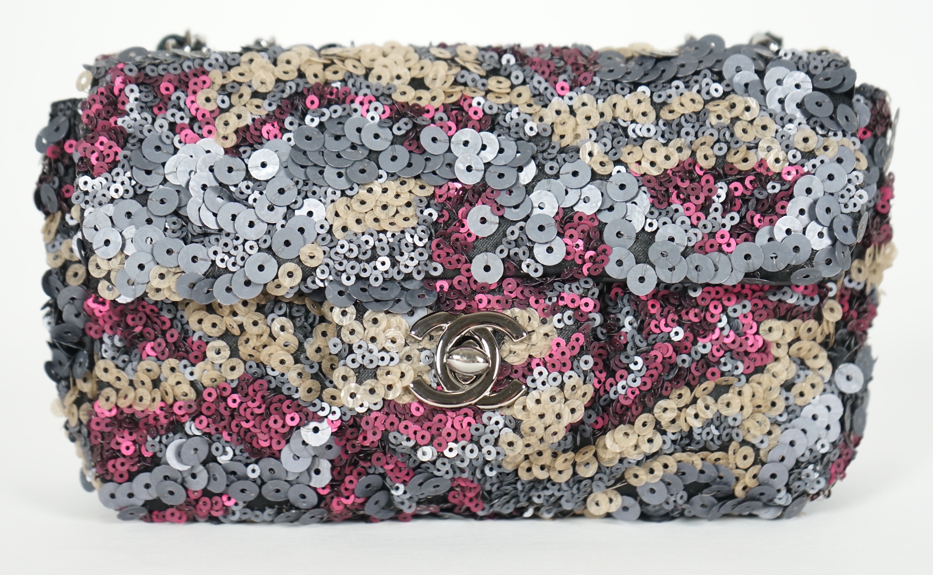 A Chanel 2012 Classique sequined mini shoulder bag, height 11cm, height overall 36cm, width18cm, depth 6.5cm, Please note this lot attracts an additional import tax of 20% on the hammer price